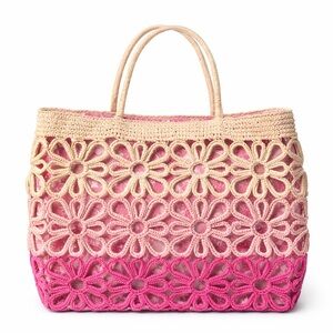 Sun ‘N’ Sand Pink Floral Crochet Straw Tote